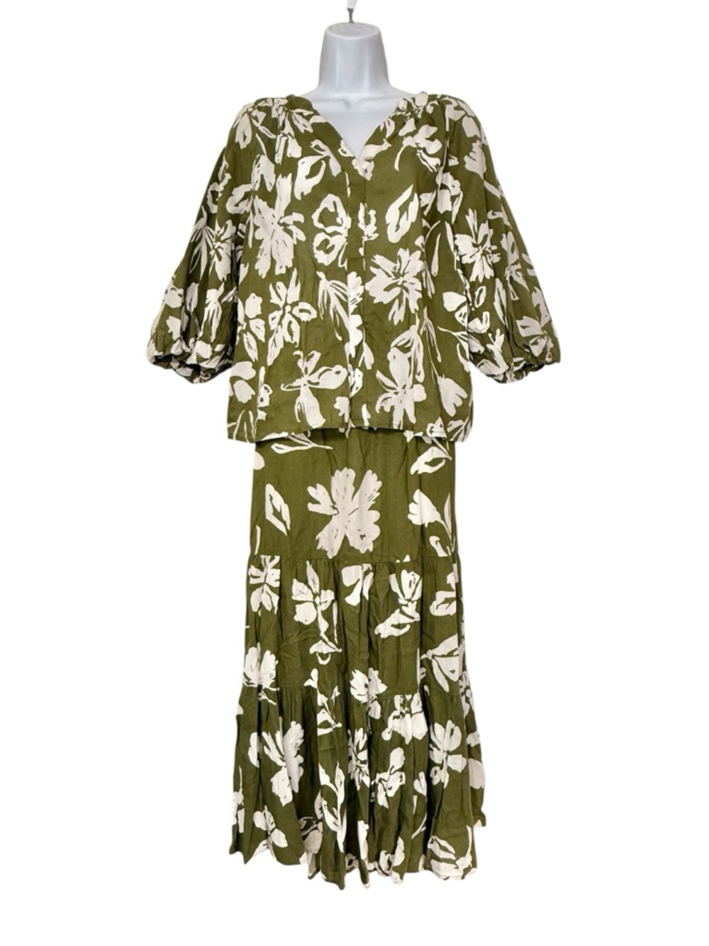 Sonoma Tropical Floral Tiered Maxi Skirt + Puff Sleeve Top Linen Olive Boho M/L